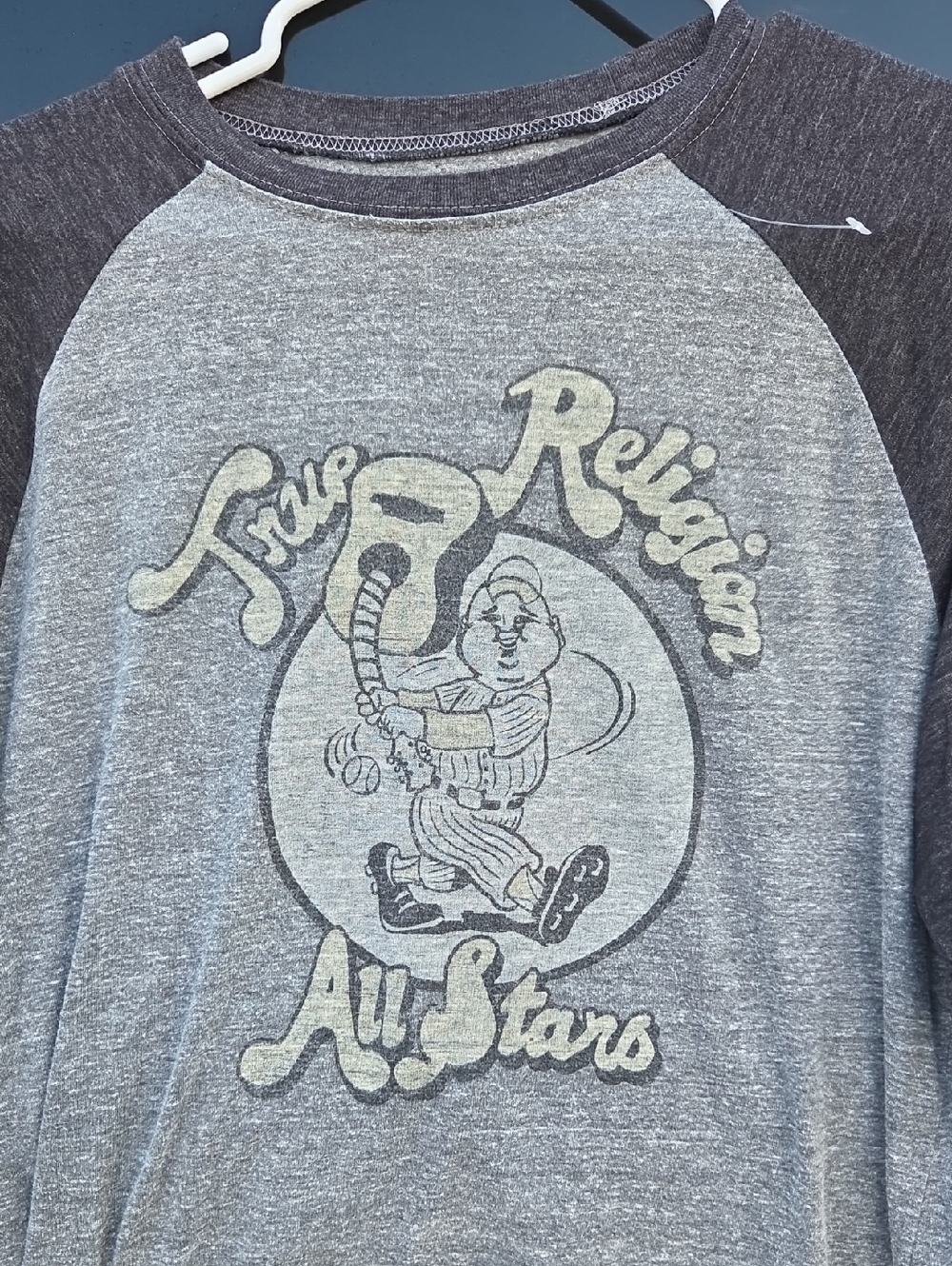 True Religion Heather Gray Baseball Raglan Tee with Charcoal Sleeves